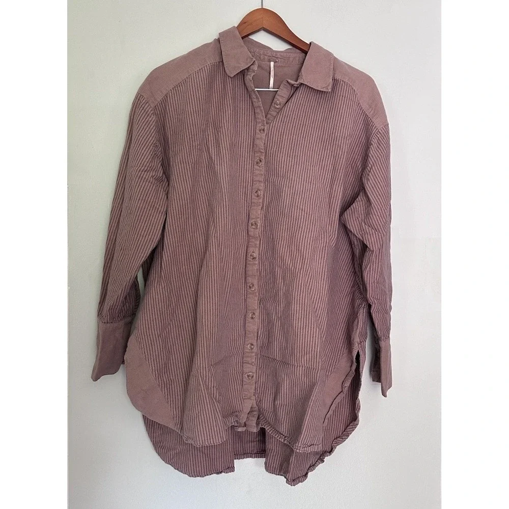 Free People Women Long Sleeve Oversized Button Down Shirt SP Pink Purple Striped